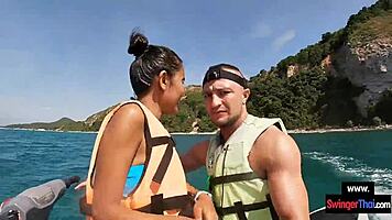 Asian girlfriend gives blowjob in public on jetski