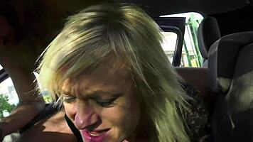 Horny blonde milf rides 2 lucky guys in a car