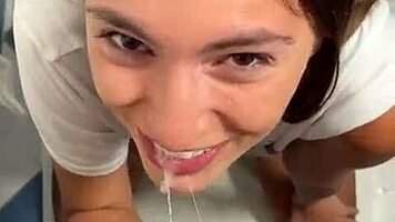 Blowjob and sex quickie in wet clothes after cold shower with hot brunette teen