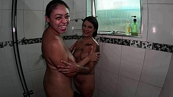 Two women getting ready in my shower