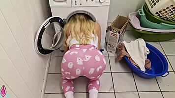 Blonde in tight leggings fun