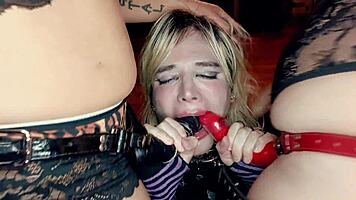 Rough dommes facefuck femboy until he drools and gapes from giant dildos