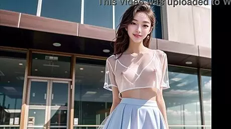 Sexy asian cheerleader teases with transparent cloth outdoors