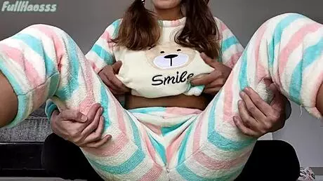 stepdad teases and pets small 18+ tits and shaved pussy in pajama!