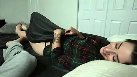 step siblings share a bed and get naughty with handjobs in the shower.