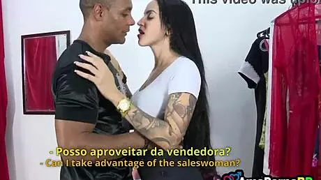 The best sex shop seller in the neighborhood shows off her big tits and ass while getting fucked with a monster cock.