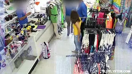 Pervert officer banging shoplifter teen's tight pussy from below in group scene