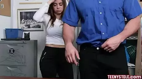Cute brunette gets intense blowjob and fuck from security guy at work
