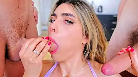 Wild gangbang with Tru Kait taking two cocks in tight pussy