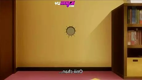 Glory hole action through stepsister's wall in hentai cartoon.