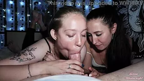 Young wife and her friend surprise me with a double blowjob in our bed.