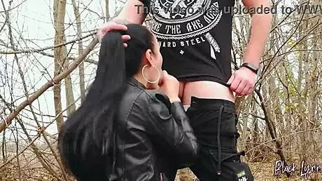 long haired brunette teen gets facefucked outdoors