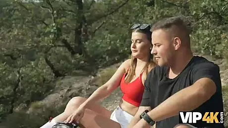 wow, young lady gets pounded by 2 huge cocks in forest while husband watches