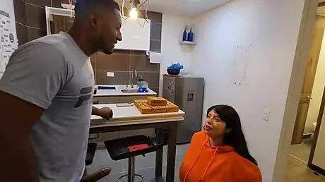 Busty Jennie seduces pizza guy for hot interracial kitchen banging.
