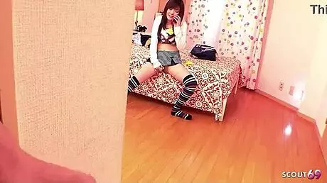 Petite Japanese step-sister caught touching herself and lured into first blowjob. Her tight pussy and small waist shine!