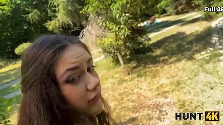 A hunter convinces a young European lady to give a blowjob outdoors, cheating on her husband right away