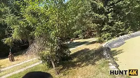 A hunter convinces a young European lady to give a blowjob outdoors, cheating on her husband right away