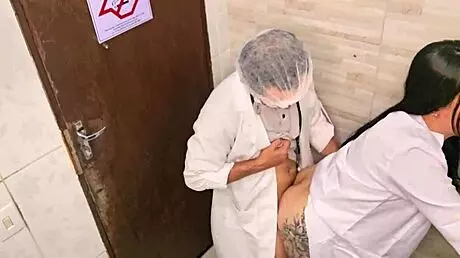 doctor and nurse can't resist and fuck in the hospital bathroom during the shift